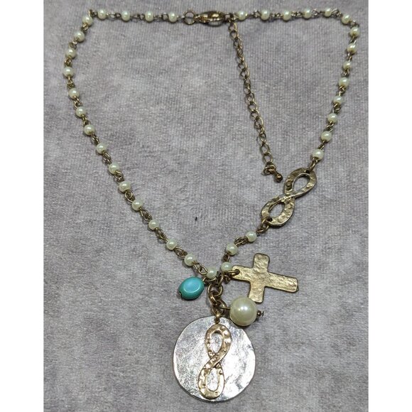 Elegant Religious Cross And Infinity Charm Necklace With Faux Pearl Accents - Picture 5 of 5